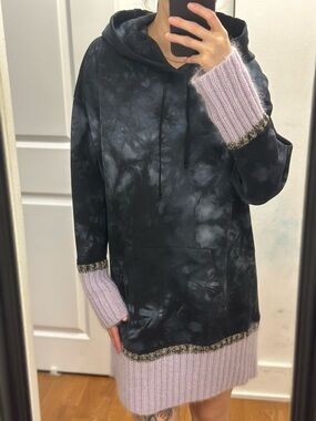 3.1 Phillip Lim Black Tie-Dye Hoodie Dress with Lilac Mohair Trim NWT